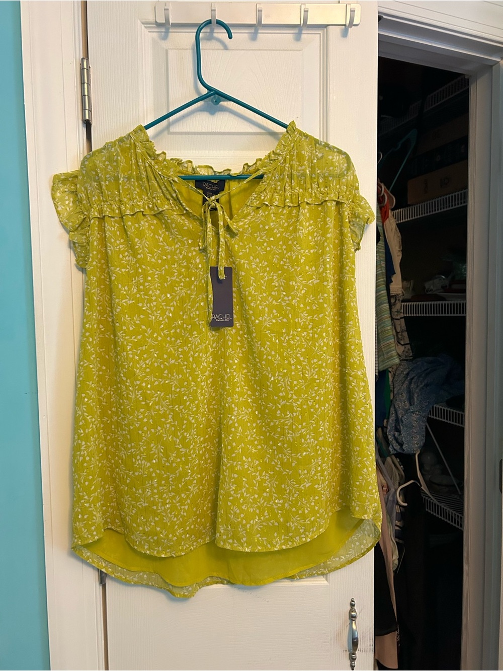 RACHEL Rachel Roy Lime Green Floral Ruffle Tie-Neck Blouse